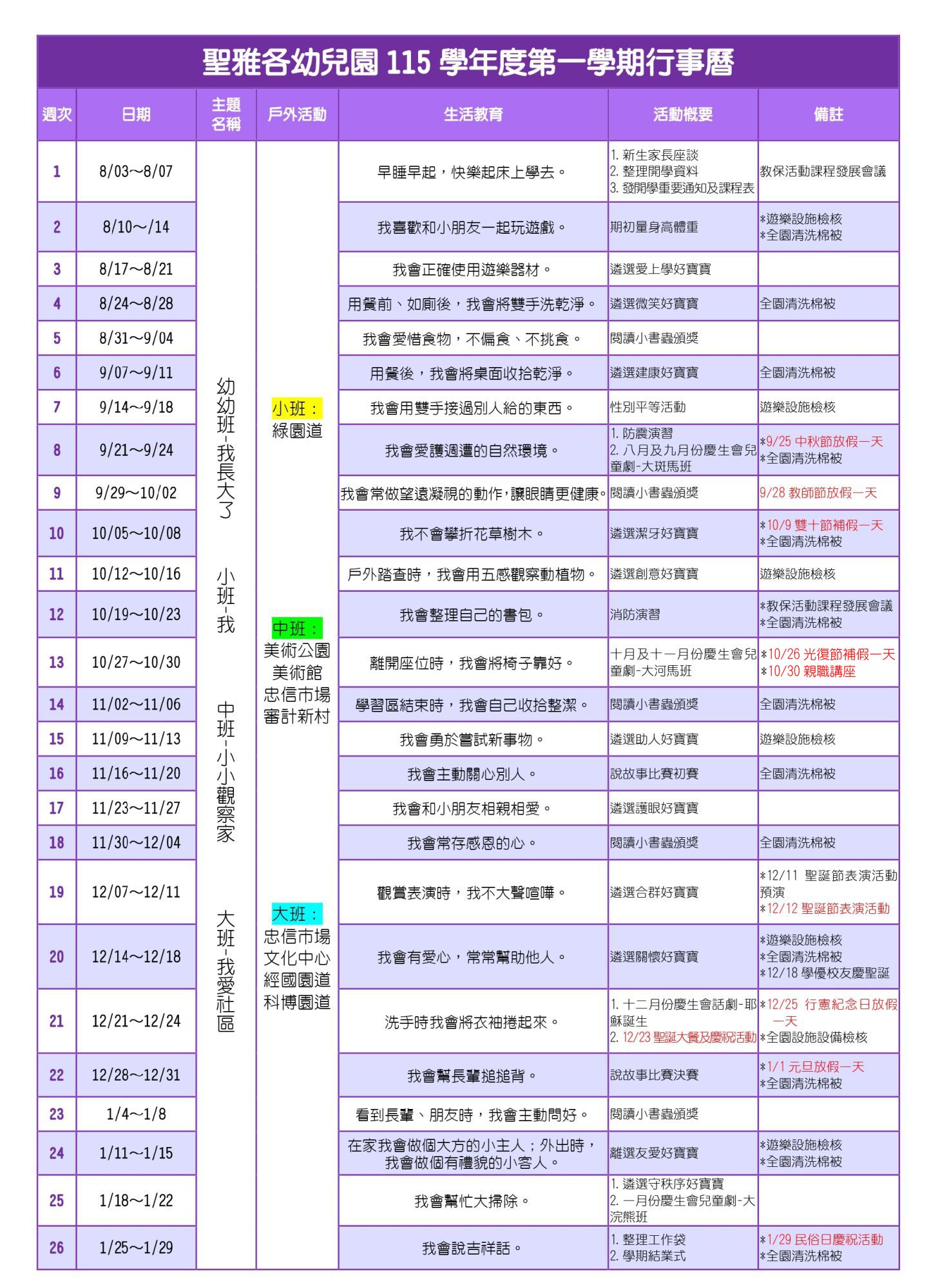 115學年上學期行事曆