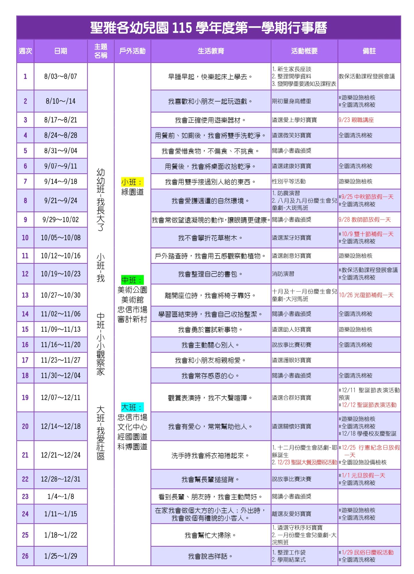 115學年上學期行事曆